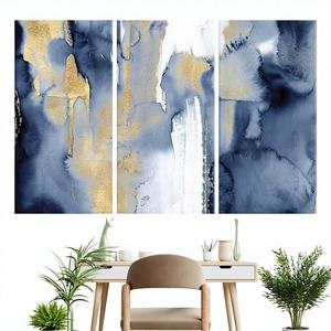 Impresión en Lienzo de Arte Moderno Art Deco Abstracto en Azul Marino y Dorado, 3 Paneles, Enmarcado para Colgar - Product Image 1