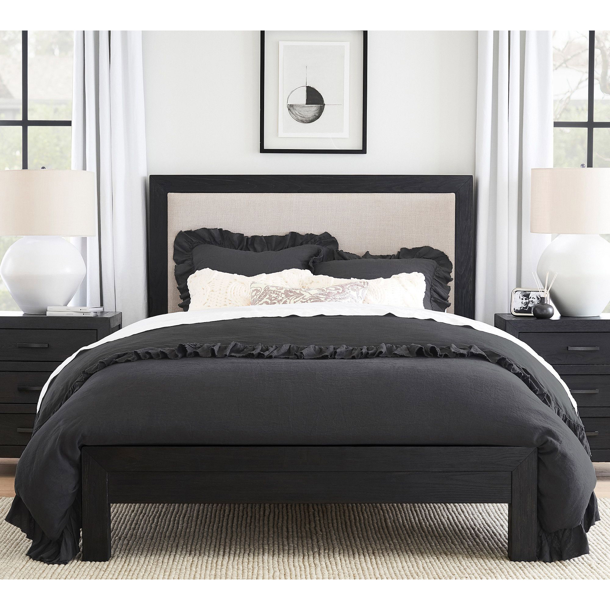 Modern Style Wooden Bedroom Furniture Queen King Size Solid Wood Double Fabric Panel Bed with Fabric Headboard