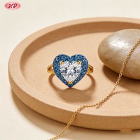Bague Cœur en Laiton Plaqué Or 18K Hengdian avec Zircon et Saphir Bleu – Bague Tendance pour Femme au Quotidien