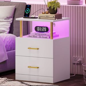 Mesa de <span class=keywords><strong>Noche</strong></span> Metálica LED con Estación de Carga y Puertos USB, Blanca, 2 Cajones, Mesa Auxiliar Moderna - Mesa de <span class=keywords><strong>Noche</strong></span> Personalizada - Product Image 1