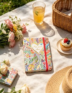 Carnet de notes à couverture rigide multicolore style bohème, motif floral et feuilles colorées, avec cœur en feuille d'or, idéal pour la Saint-Valentin et les mariages, vente en gros - Product Image 1