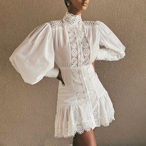 Pháp Thanh Lịch Đơn Giản Thêu 2024 Mùa Hè Mới Đứng Cổ Áo Đèn Lồng Tay Áo Cao Eo Ngắn Xù Váy - Product Image 1