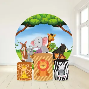 Custom 6ft Stof Achtergrond Feestdecoratie Met Dessert Plint Cilinder Bos Dier Thema Ronde Cirkel Frame Achtergrond Stand