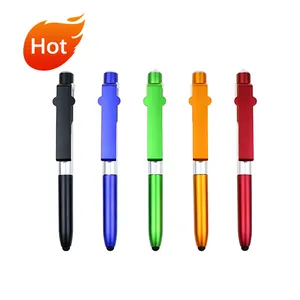BECOL 4 in 1 Multifunction Tech Tool Pen Plastic Stylus Ball Pen Custom Logo Folding Capacitive Ballpoint Pen with Led Light