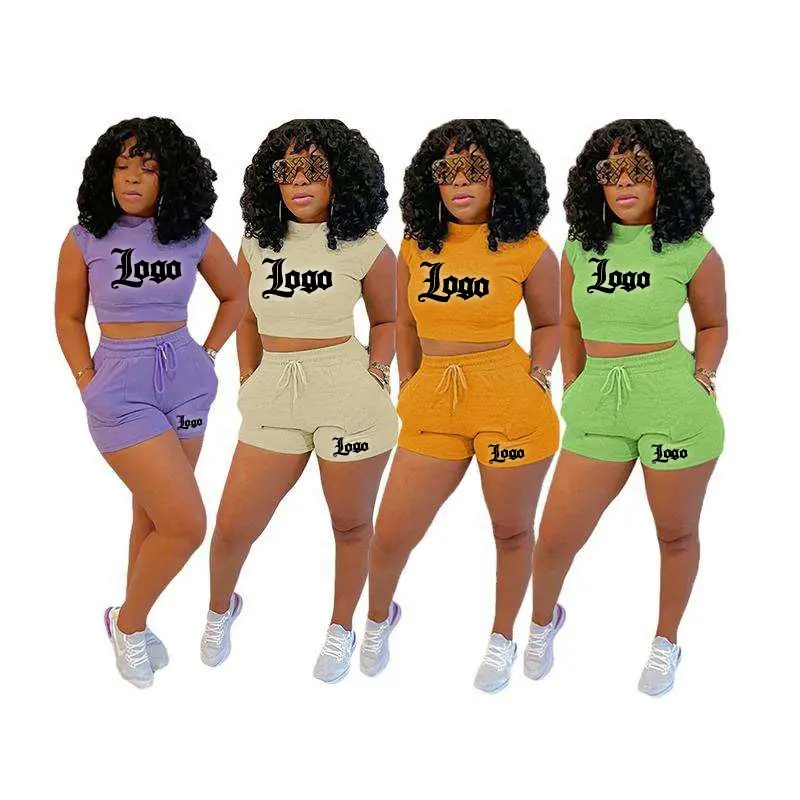Custom LOGO Wholesale Summer Women Clothing Set Sleeveless Tank Top And Drawstring Shorts 2 Piece Set For Women
