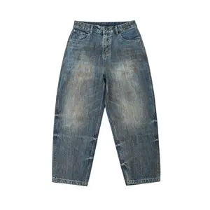 Distressed Retro Oil-Stained Straight-Leg Jeans Heavy-Duty Hand-Dirty Washed Denim Mid-Waist Wide-Leg Casual Style Cotton Fabric