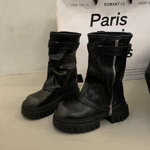 Bottes mi-mollet femme automne 2025 marron style rétro britannique western à enfiler avec fermeture éclair, talons plats épais en coton, semelle antidérapante en caoutchouc - Product Image 2
