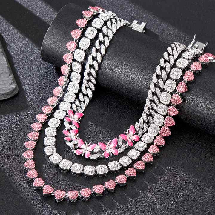 Hip Hop Pink Enamel Butterfly Charm Necklace for Men and Women Street ...