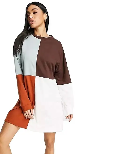 KY Fashion Color Block Crew Neck Casual Dresses Loose Long Sleeve Dresses Knee Length