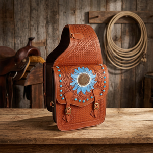 Handtooled Custom Logo Genuine <b>Leather</b> Saddle Bag Handcarved Western Equestrian Horse Motorcycle Fit Stainless Steel Fittings - Product Image 3
