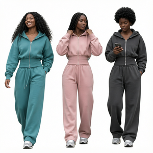 <b>Women</b> Cropped Zip Up <b>Hoodie</b> And Sweatpants Two Piece Tracksuit Set Fleece Hooded <b>Long</b> Sleeve Casual Solid - Product Image 1