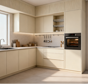 Vendita calda in stile crema armadi da <span class=keywords><strong>cucina</strong></span> a forma di L con cestini estraibili aperti di grandi dimensioni per cucine moderne per la casa - Product Image 6