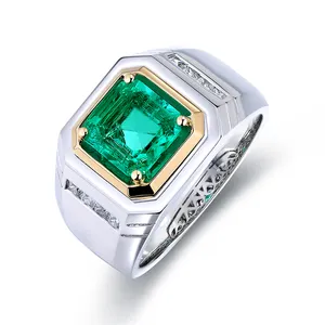 Lab dibuat zamrud dengan masukan cincin pria S925 perak murni Lab dibuat berlian dan cincin zamrud