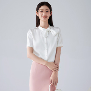 Women's Professional Summer Short Sleeve Blouse With Ribbon Solid Color Work Shirt For Commuting And Office Wear - Product Image 3