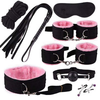 Ensemble de 8 pièces sexy en peluche rose pour couples : menottes moelleuses, bandeau pour les yeux, collier, fouet, bâillon à boule – Accessoire exotique pour chambre à coucher