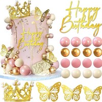 Ensemble de décoration de gâteau Princesse Rose Prix Usine Couronne Strass Dorée Papillon Boule Scintillante Joyeux Anniversaire Fournitures Filles