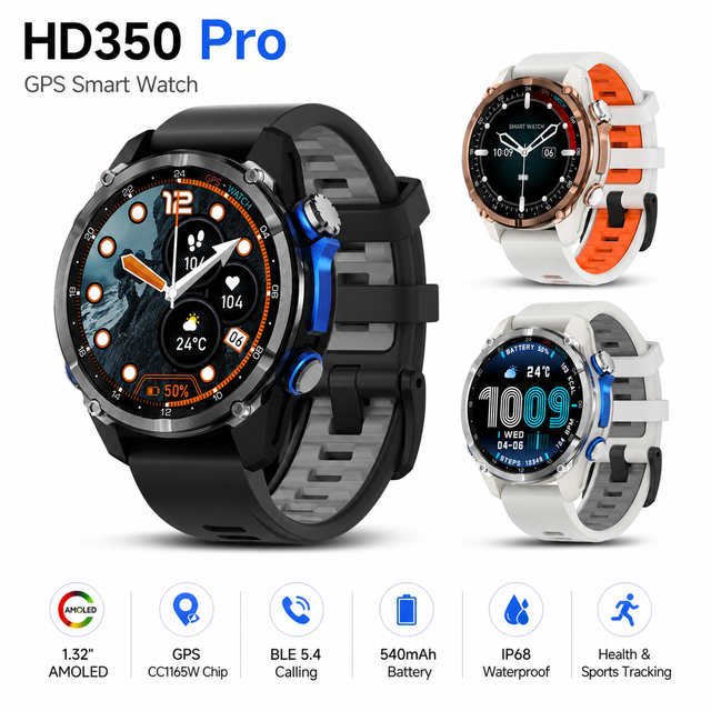 Newest HD350 Pro GPS Smartwatch 1.32 Inch AMOLED Display 540mAh Battery 3ATM Water Resistant Metal IP68 Waterproof Compass for