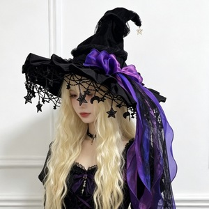 Sombrero de Bruja para Halloween, Gorro de Mago con Adornos de Estrellas de Encaje y Lazo Grande - Product Image 1