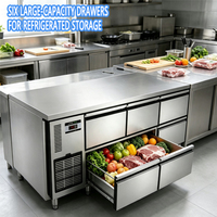 Réfrigérateur sous comptoir à refroidissement par air, 6 tiroirs, plan de travail en acier inoxydable, table de préparation pour cuisine commerciale