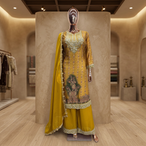 Yellow Embroidered Women's Traditional <b>Indian</b> Pakistani Set Long Sleeve <b>Kurta</b> Palazzo Dupatta Beaded Lace Quick Dry Dress Outfit - Product Image 4