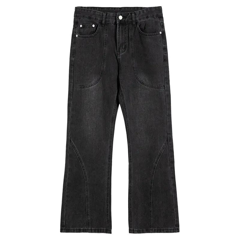 Oem Custom Heren Zware Katoenen Wijde Pijpen Baggy Jeans Zwart Blank Denim Gestapeld Laars Cut Jeans Rits Wijd Uitlopende Jeans Broek Voor Mannen
