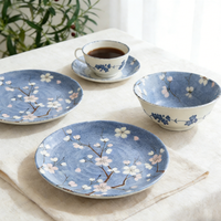Service de vaisselle en grès peint à la main style japonais fleurs de cerisier pour mariage et restaurant, écologique, 6 pièces (assiettes et bols)