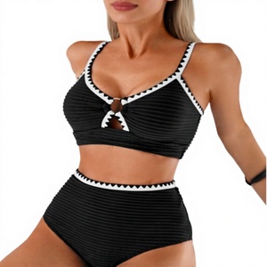 Traje de baño de dos piezas con cintura alta y control de abdomen, negro, acanalado, para mujer - Product Image 4