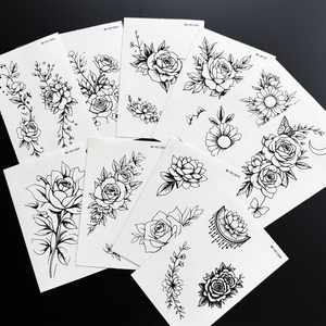 Lot <span class=keywords><strong>de</strong></span> 10 autocollants <span class=keywords><strong>de</strong></span> <span class=keywords><strong>tatouage</strong></span> temporaire noir à motifs floraux, style ligne artistique, roses, faux tatouages imperméables pour le corps - Product Image 5