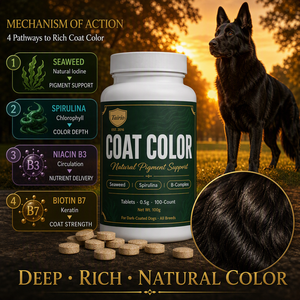 Comprimés de <span class=keywords><strong>spiruline</strong></span> et d'algues <span class=keywords><strong>pour</strong></span> la couleur du pelage des chiens à poils foncés – Soutien naturel des pigments, vitamines B, usage quotidien, marque privée - Product Image 3