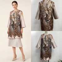 Manteau Modeste Jacquard Flottant Perlé Bleu Poussière pour Femme, Veste Mi-longue Florale Sans Col avec Boutons-Pression Dissimulés, Tenue Formelle ODM