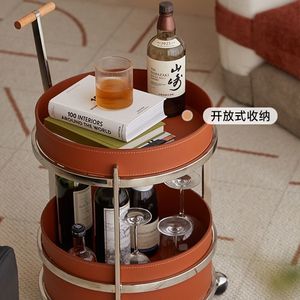 Modern Minimalist <b>Bar</b> Cart Mocha Brown Leather 2 Tier Stainless Steel Mobile Sofa Side <b>Table</b> Trendy Instagram Style - Product Image 4