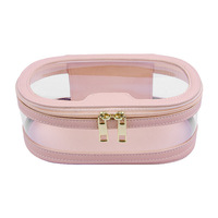 Pochette cosmétique transparente en TPU avec logo personnalisé, bord en cuir PU, fermeture éclair transparente, sac de voyage pour articles de toilette et maquillage