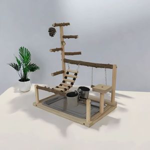 Support de perchoir pour oiseaux en bois en gros avec coupelles et plateau en acier inoxydable |   Idéal pour les cockatoos, les perroquets et les conures |   Alimentation et exercice - Product Image 1