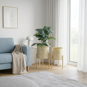 Grand pot <span class=keywords><strong>de</strong></span> fleurs d'intérieur en métal doré, pot en fer géométrique, support détachable, trou <span class=keywords><strong>de</strong></span> drainage, pot <span class=keywords><strong>de</strong></span> fleurs décoratif <span class=keywords><strong>pour</strong></span> la maison - Product Image 1