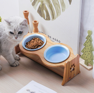 Wooden Ceramic Pet Bowl <b>Stand</b> 2 In 1 Adjustable Anti Tip Feeding Bowls Raised <b>Food</b> And Water Dish For <b>Dogs</b> And Cats - Product Image 1
