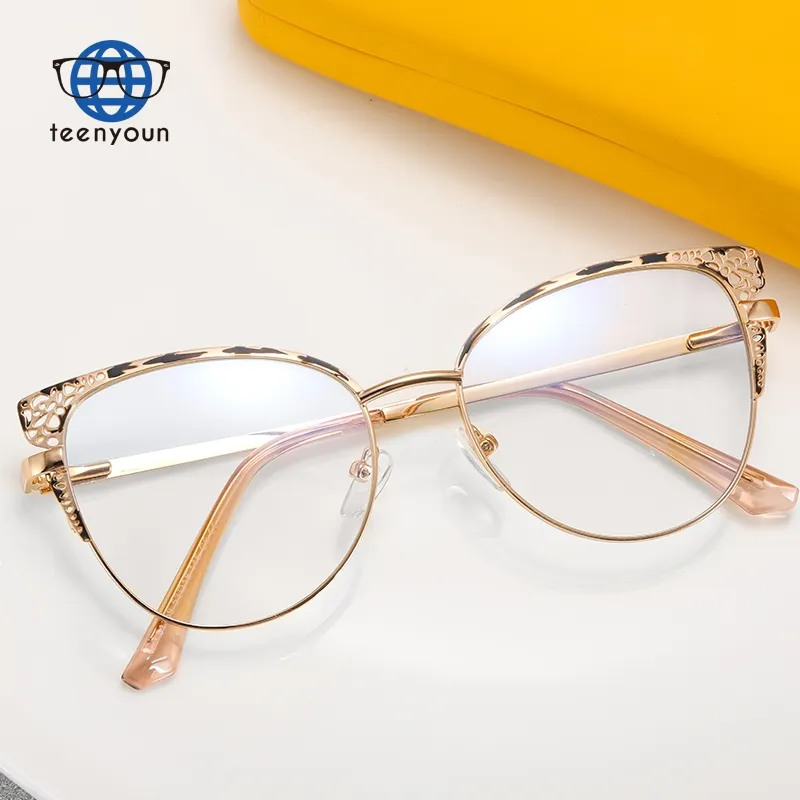 Teenyoun Blue Light Blocking Cat Eye Eyeglasses Women's Round Frame Anti Blue Light Metal Glasses Design Hollow Eyewear