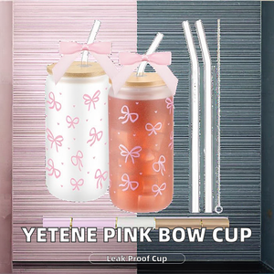 ピンクのリボン付きガラス製タンブラー、竹製の蓋とストロー付き、女の子への可愛いカワイイカップギフト - Product Image 2