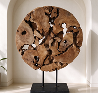 Sculpture artisanale en bois rond à base de racine d'arbre, décoration de table en bois naturel avec support métallique, ornement artistique rustique pour la maison
