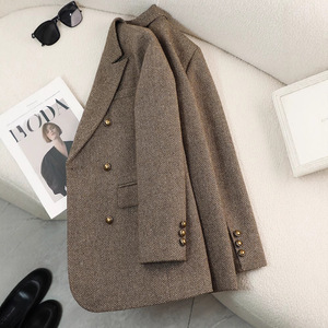 Women's Wool Blazer Gray Herringbone Pattern Double Breasted Loose Fit Casual Suit Jacket Plus Size Autumn Winter Style - Product Image 3