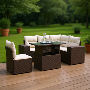 Conjunto de sofá de jardín de ratán marrón con estructura de acero con recubrimiento en polvo y mesa de vidrio templado para uso en exteriores. - Product Image 2