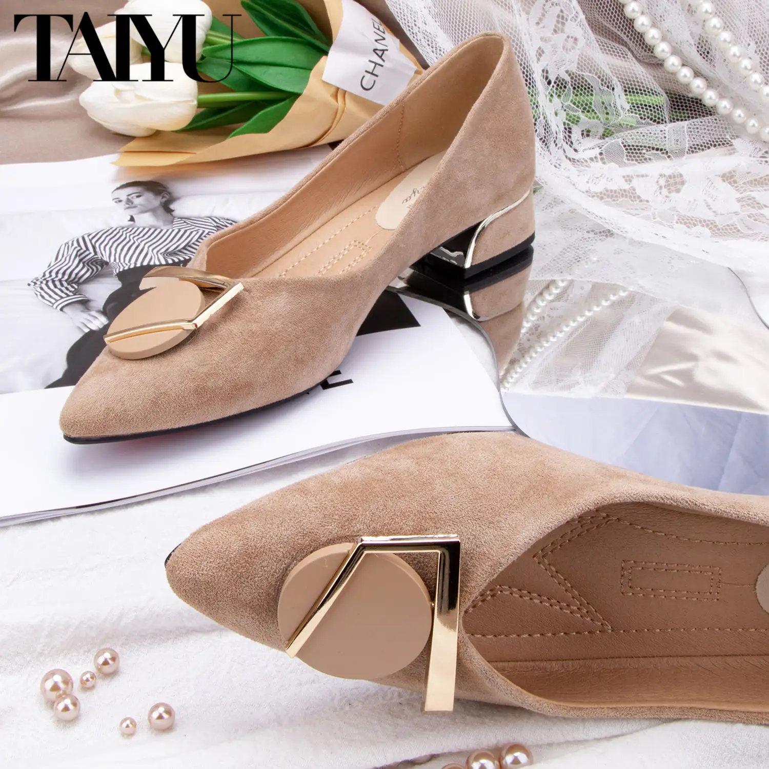 Wholesale taiyu fashion Office Lady Low Chunky Heeled Women Dress Shoes Pointed Toe pu leather women's pumps