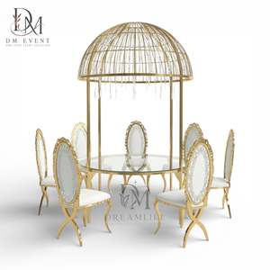 Mesa Redonda de Banquete para Bodas con Toldo de Acero Inoxidable Dorado Personalizado y Cubierta de Vidrio Templado Espejado - Product Image 2