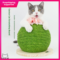 Balle à gratter pour chat en forme de cactus, en corde de sisal ronde, avec base en bois et dessus fleuri rose, pour chats d'intérieur et chatons
