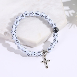 Hot selling Couple black white cross shaped beaded <b>bracelet</b> cross pendant prayer <b>beads</b> <b>bracelet</b> - Product Image 3