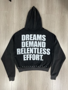 定制法式毛圈布 500 克/平方米 复古酸洗 DTG 印花水钻水晶宽松版型男士连帽衫 - Product Image 4