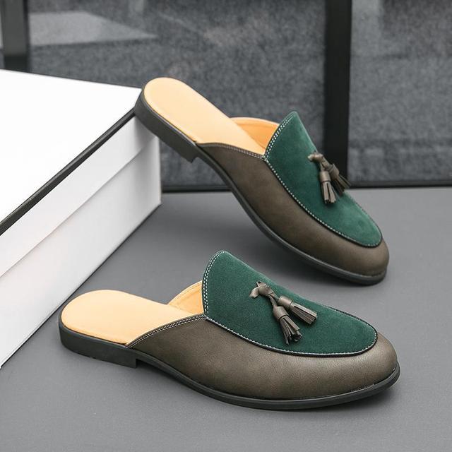 Black Green Men's Half Slippers Shoes for Men Mules Casual Designer Leather Shoes Fashion Loafers Luxury Sandals Slippers