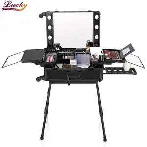 滚动工作室化妆镜专业手推车照明铝化妆盒与可调立场腿和椅子