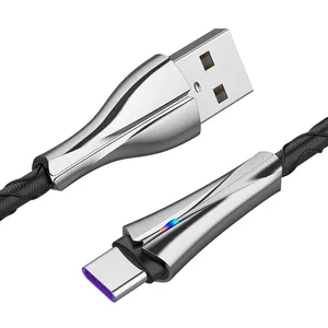 אבץ סגסוגת 5A huawei סופר מהיר טעינת מיקרו usb C כבל ניילון קלוע נשימה LED אור מטען כבל נתונים עבור iphone