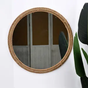 New Design Round Natural Inspired Wood Frame Spiegel Boho Handwoven Jute Rope Craft Decorative Wall Mirror