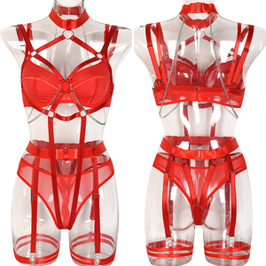 Completo Lingerie Sexy <span class=keywords><strong>Rosso</strong></span> <span class=keywords><strong>Trasparente</strong></span> con <span class=keywords><strong>Reggiseno</strong></span> a Rete e Catena Halter da 4 Pezzi, Abbigliamento da Notte Erotico di Lusso, Intimo Donna alla Moda - Product Image 2